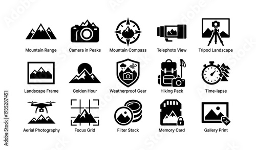 Icon set featuring outdoor photography equipment and adventure symbols
