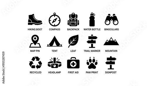 Outdoor adventure icons: hiking, camping, navigation, safety, and recycling symbols