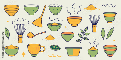 Assorted Matcha Tea Bowls Whisk Spoons Powder and Leaves in a Doodle Style vector illustration