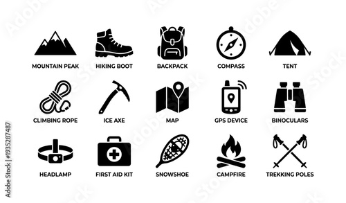 Essential hiking and camping gear icons: adventure tools for outdoor exploration