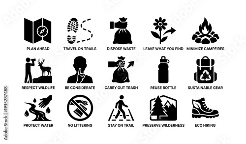 Outdoor ethics symbols: hiking, conservation, and environmental stewardship icons