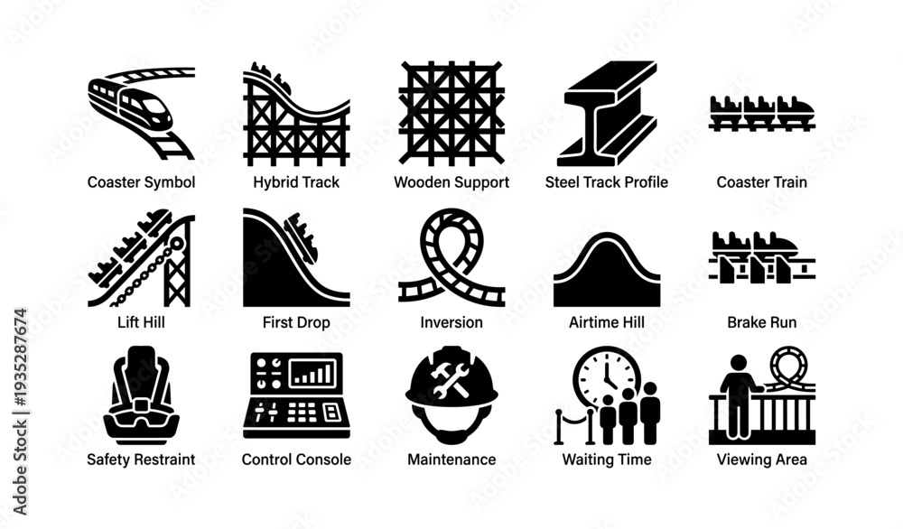 Naklejka premium Roller coaster elements: symbols of tracks, hills, drops, and safety features