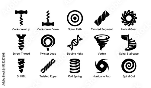 Collection of spiral icons including corkscrew, helix, gear, and vortex symbols