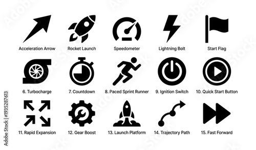 Icons of speed and motion: rocket, speedometer, runner, lightning bolt, start button
