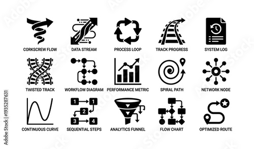 Set of business process icons: workflow, analytics, data flow, system log, network