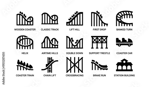 Roller coaster elements: wooden coaster, lift hill, banked turn, airtime hills, coaster car
