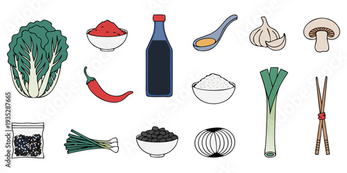 Assortment of Asian Cooking Ingredients and Utensils in a Flat Design Style Asian food