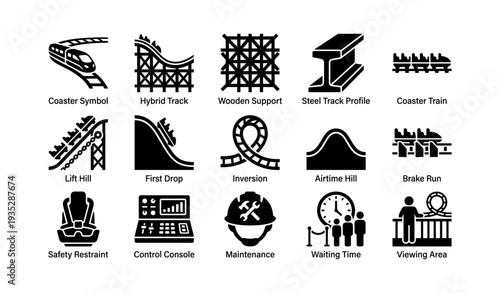 Roller coaster elements: symbols of tracks, hills, drops, and safety features