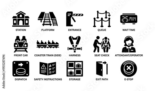 Amusement park ride safety icons: station, coaster, emergency, instructions, queue