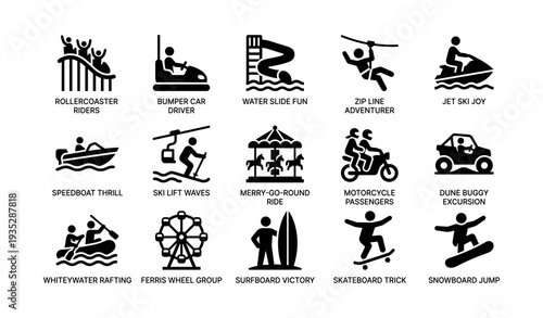 Adventure icons for amusement park and outdoor fun activities