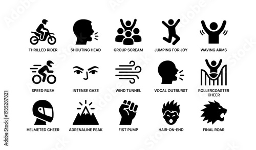 Black silhouette icons of excitement and expressions