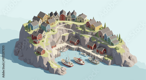 Low-poly illustration of a colorful coastal village built on a rocky cliffside, featuring traditional houses, staircases, and fishing boats in a small harbor, evoking a peaceful atmosphere.