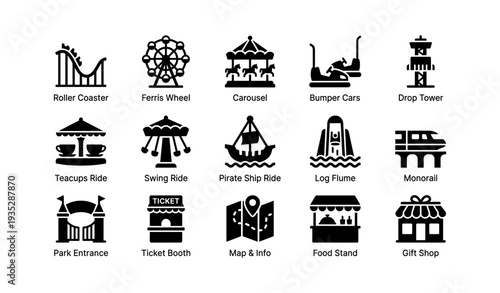 Amusement park attraction icons featuring rides and facilities