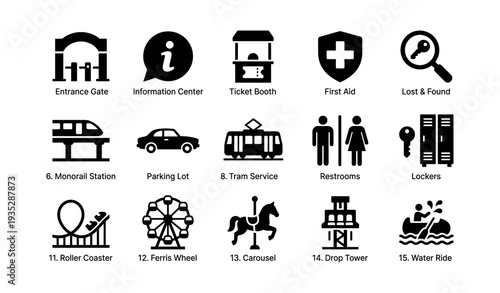Amusement park icons: entrance, assistance, transport, restrooms, rides, safety, storage