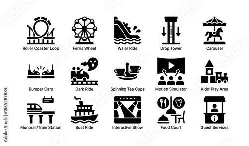 Amusement park icons: roller coaster, ferris wheel, water ride, and more symbols