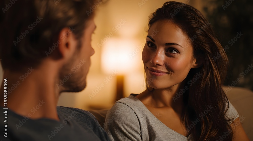Fototapeta premium Couple sharing intimate glance and tender conversation in warm ambient home lighting