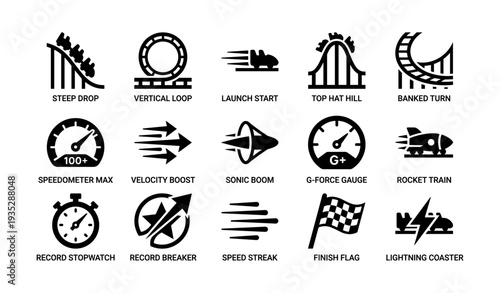 Roller coaster symbols and speed icons collection with gauges and racing elements