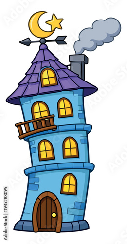 Cartoon illustration of a whimsical tower depicting glowing windows and a crescent moon weathervane for fairy tales and fantasy