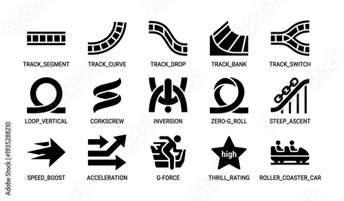 Collection of roller coaster symbols: track, loops, speed, thrill icons