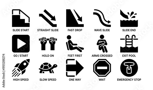 Waterpark symbols and safety icons for slides and pools