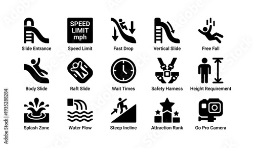 Water park icon set: slides, safety, height requirements, speed limits, attractions