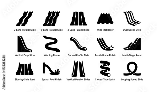 Variety of water slide designs and configurations illustrated