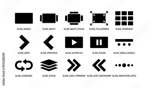 Icon set: slides, playback controls, arrows, stacks, carousel