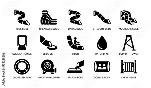 Set of water slide icons including tube, inflatable, spiral, and more