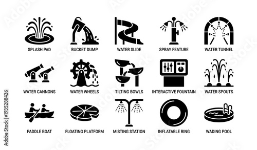 Water playground equipment icons: splash pad, water slide, fountain, spouts, cannons