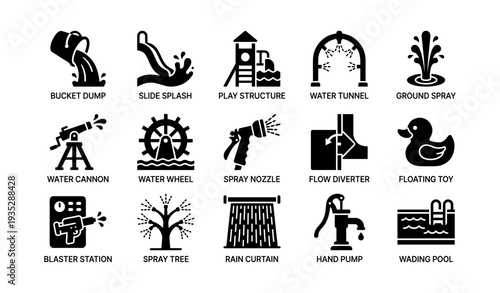 Playground water features icons: buckets, slides, toys, and pumps