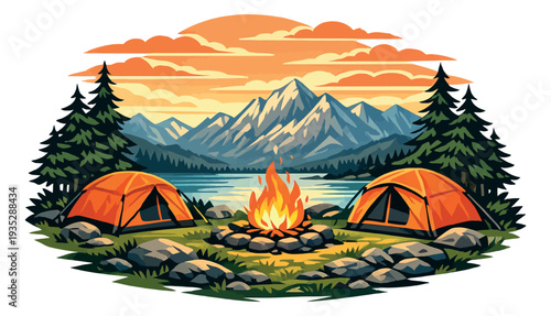 Stylized vector illustration of a camping scene depicting two tents, a campfire, mountains, and a lake at sunset for outdoor adventure and nature tourism