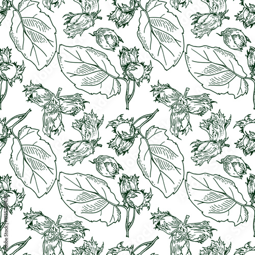 Hazelnut black and white seamless pattern. Square vector illustration with nuts and leaves.