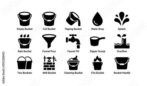 Vector set of bucket and water icons including faucets, drops, rain, and fire buckets