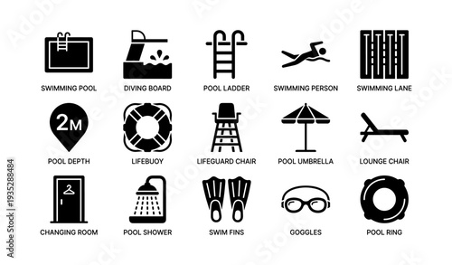 Swimming pool icons set: ladder, diving board, swim fins, goggles, lifebuoy
