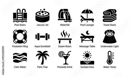 Set of pool and spa icons including jacuzzi, waterfall, and massage table