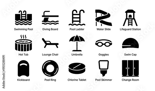 Swimming pool icons: ladder, slide, lifeguard, hot tub, lounge, umbrella, goggles, chlorine, skimmer