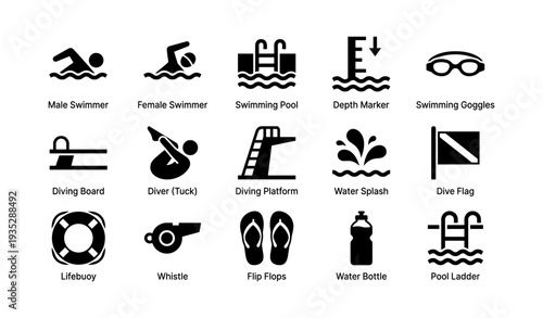 Swimming icons set: swimmer, diving board, pool, goggles, lifebuoy