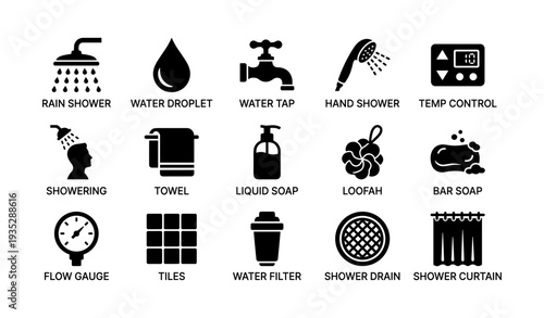 Bathroom symbols: shower, towel, hygiene icons for home spa design