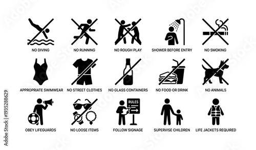 Pool safety rules icons: no diving, no running, no rough play, proper attire, lifeguard supervision