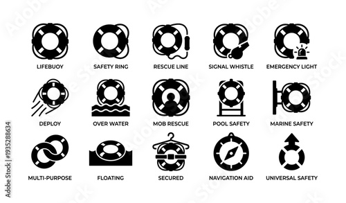 Safety icons: lifebuoy, safety ring, rescue line, signal whistle, emergency light
