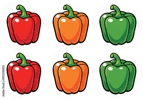 Cartoon style bell pepper set featuring red, orange, and green bell peppers for cooking and healthy food concepts