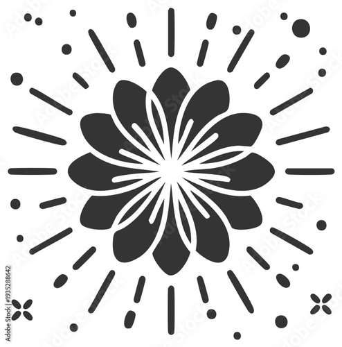 Floral Tile Pattern Illustration with Rays, Dots, and X Motifs, Decorative Geometric Abstract Design, Dark Gray on White