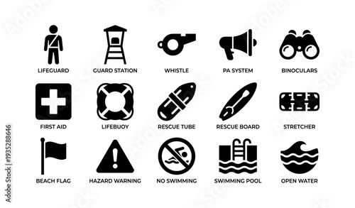 Lifeguard equipment icons set: whistle, rescue board, first aid, binoculars, safety flags