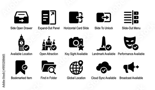 User interface icons: drawer, panel, card, lock, menu, bookmark, camera, landmark, cloud, broadcast