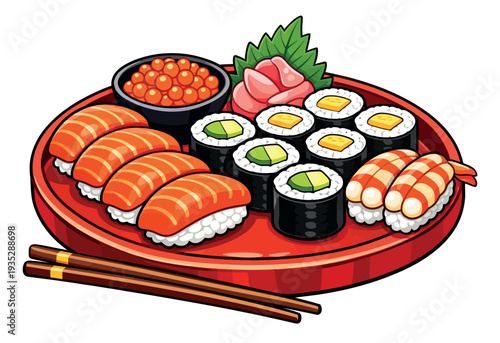 Cartoon hand drawn Japanese sushi set featuring salmon and shrimp nigiri, maki rolls, and roe for Asian restaurant design