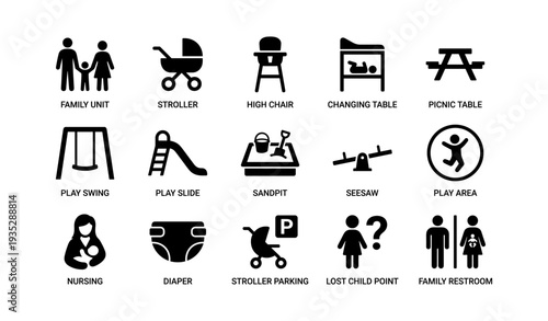 Family-friendly park icons featuring amenities for children and parents