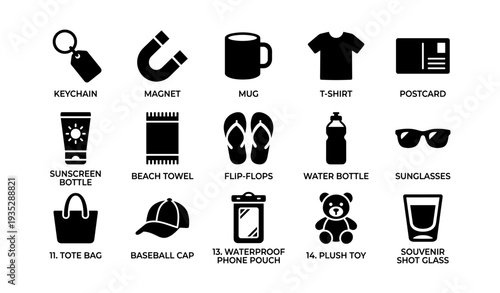 Collection of popular souvenir items and vacation essentials