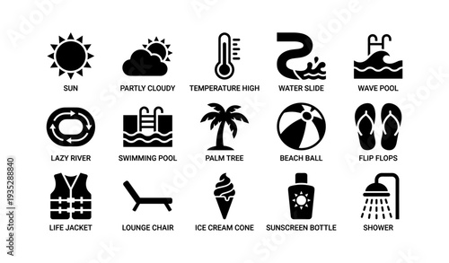 Summer icons: sun, cloud, thermometer, waterslide, pool, palm, beach, flip flops, ice cream, shower