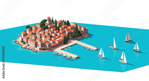 Vector illustration of a charming Adriatic coastal town with terracotta roofs, a small harbor, and sailboats on turquoise water, ideal for travel or design concepts.