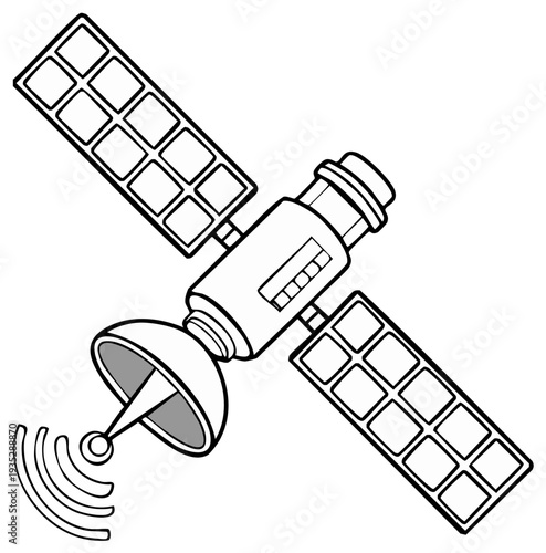 Outline drawing of a satellite transmitting radio waves into space with solar panels extended